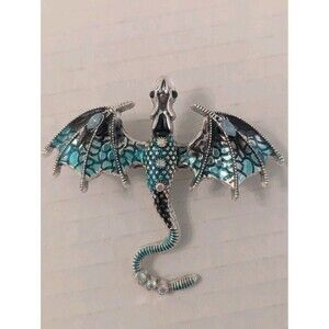 Dragon Brooch Pin Pendant Fashion Jewelry Silver Tone With Rhinestones Aqua Blue